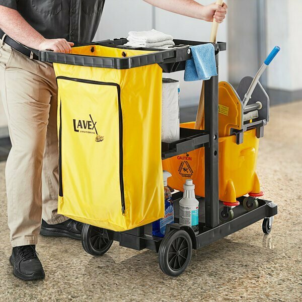 Lavex Black 3-Shelf Janitor Cart with Yellow Vinyl Zippered Bag 274JC3BKZPYL